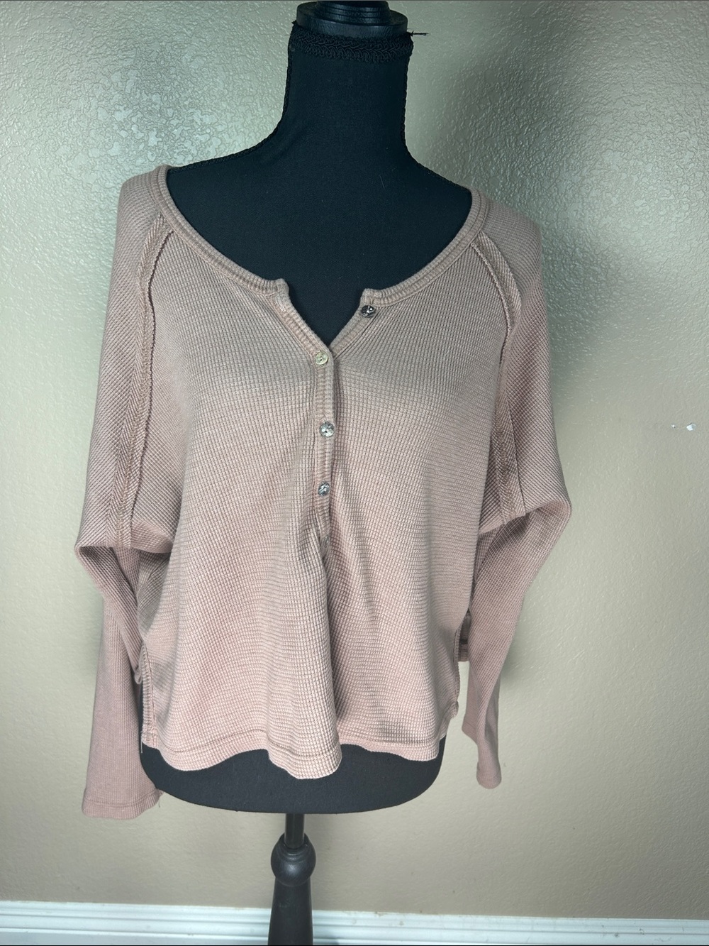 Lulu’s Waffle Knit Henley Long Sleeve Top Blush Pink Size L